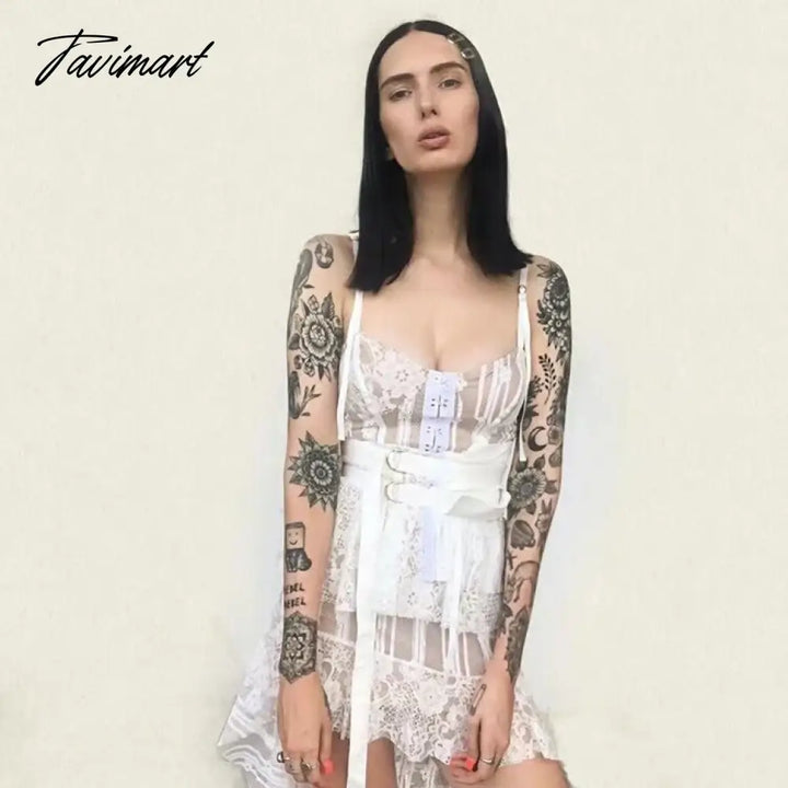 Tavimart Lace High - Low Sexy Summer Dress White Straps Belt Tied Women D - Ring Holiday Chic