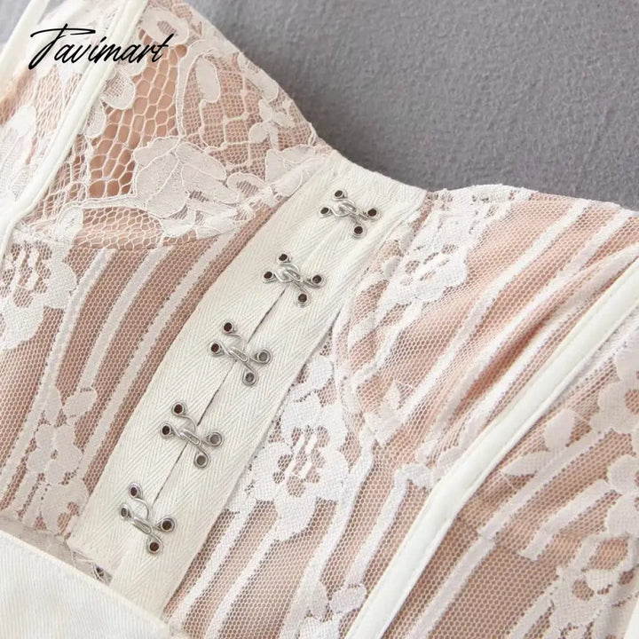 Tavimart Lace High - Low Sexy Summer Dress White Straps Belt Tied Women D - Ring Holiday Chic