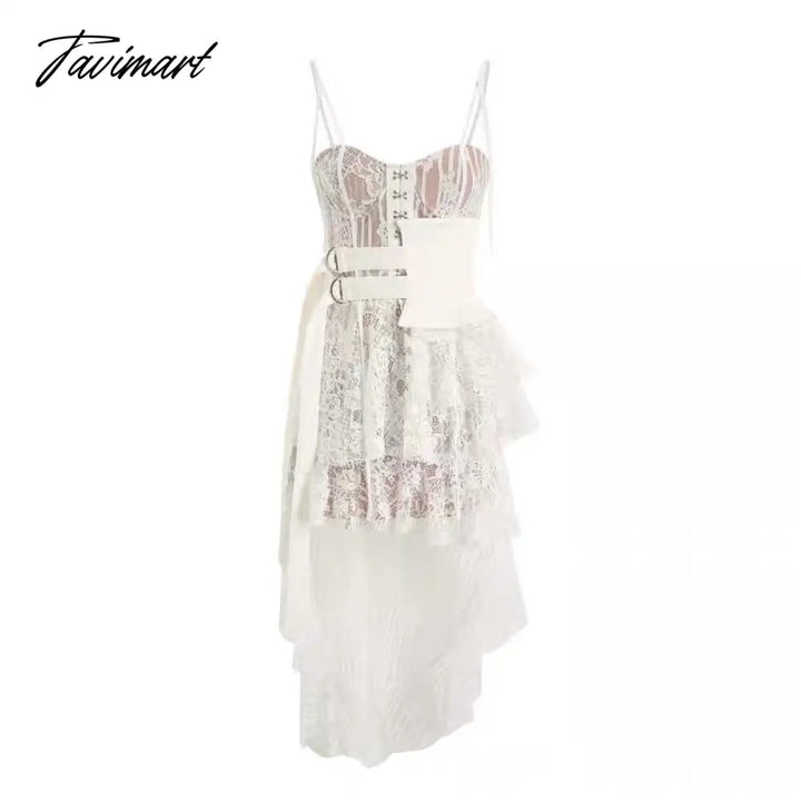 Tavimart Lace High - Low Sexy Summer Dress White Straps Belt Tied Women D - Ring Holiday Chic