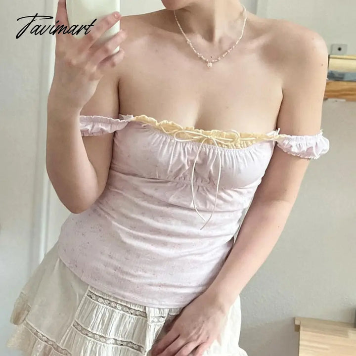 Tavimart Lace Neckline Blouse Tank Tops Cute Trim Tie Up Milkmaid Tees Ruched Sleeveless Y2K Fairy