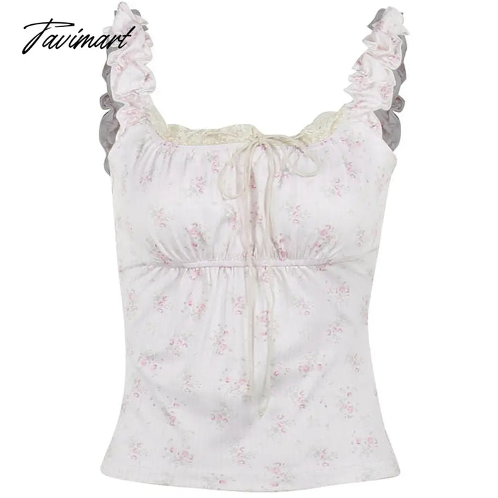 Tavimart Lace Neckline Blouse Tank Tops Cute Trim Tie Up Milkmaid Tees Ruched Sleeveless Y2K Fairy