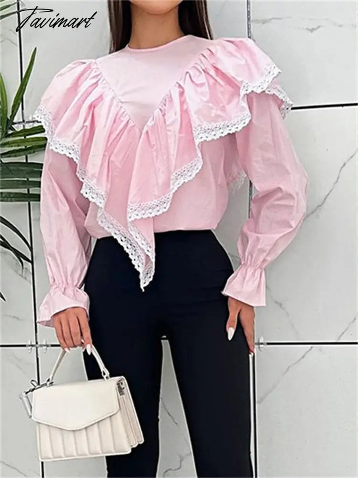 Tavimart Lace Patchwork Chiffon Shirts For Women High Street Sexy Long Sleeve Hollow Out Blouse