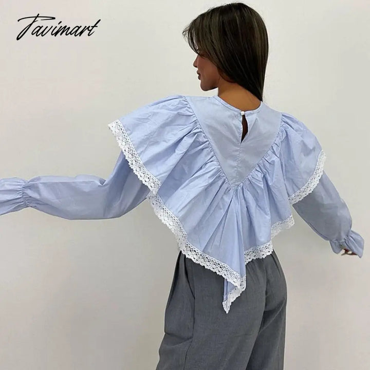 Tavimart Lace Patchwork Chiffon Shirts For Women High Street Sexy Long Sleeve Hollow Out Blouse