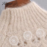 Tavimart Lace Stripe Patchwork Woman Sweaters Knitted Loose Sweet Sweater Vintage High Neck Lantern
