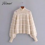 Tavimart Lace Stripe Patchwork Woman Sweaters Knitted Loose Sweet Sweater Vintage High Neck Lantern