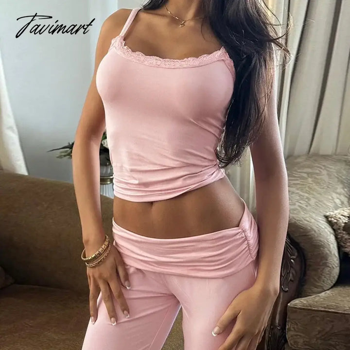 Tavimart - Lace Trim Cami Top And Low Waist Pants Two Piece Set Girls Y2K Cutecore Summer Outfits