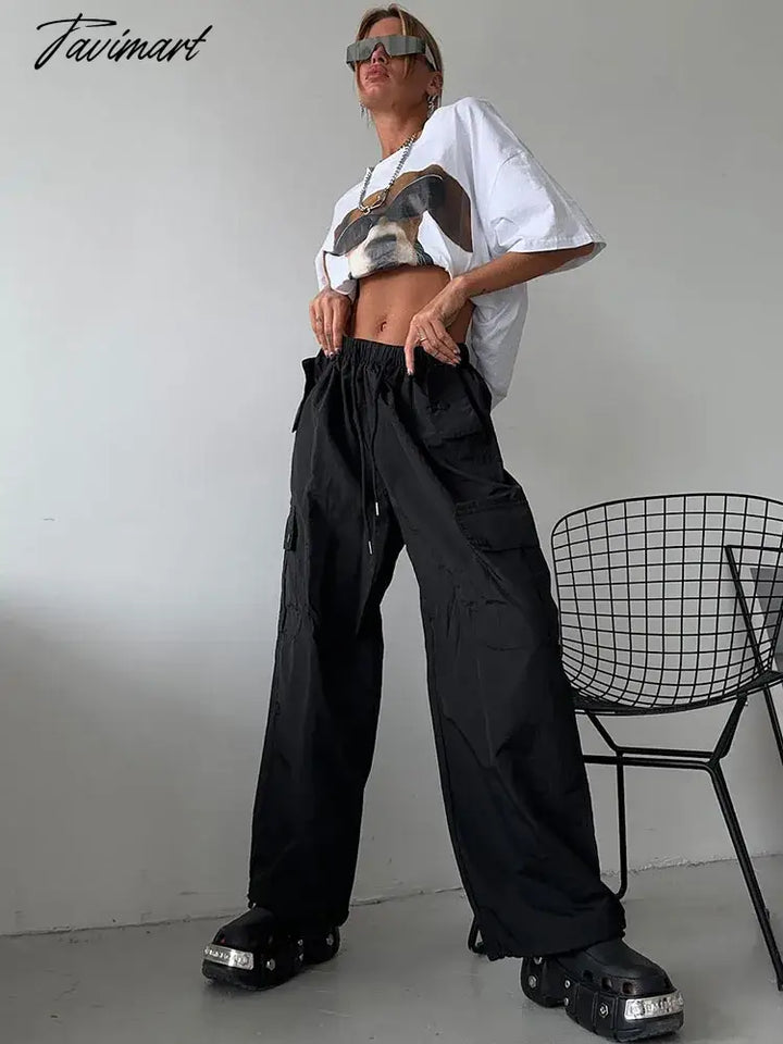 Tavimart Lace Up Cargo Pants Women Summer High Waist Loose Solid Long Pant Femme Streetwear Casual