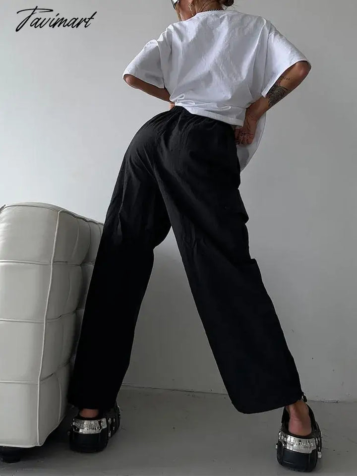 Tavimart Lace Up Cargo Pants Women Summer High Waist Loose Solid Long Pant Femme Streetwear Casual