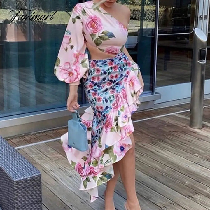 Tavimart Lady Floral Print Ruffle Mermaid Skirt Suit Women Summer Short Tops Slim Outfits Casual