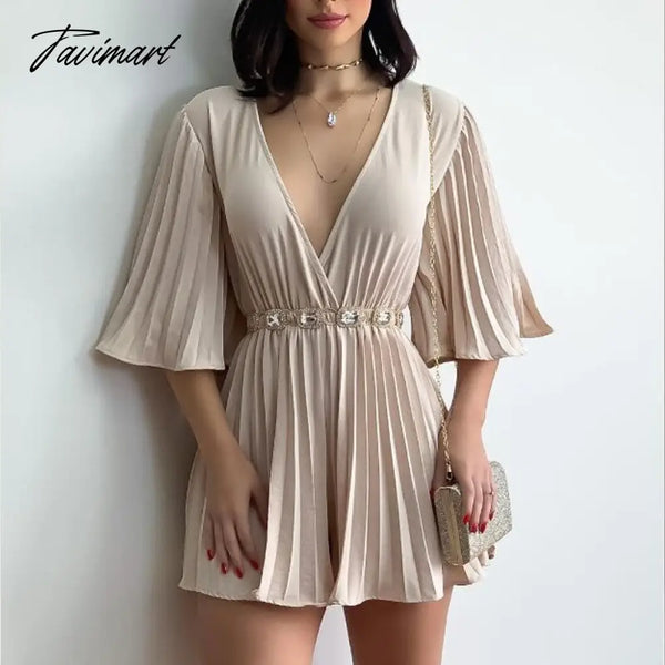 Tavimart Lady Party Club Solid Jumpsuit Sexy Pleated Deep V - Neck Shorts One Piece Fashion Women