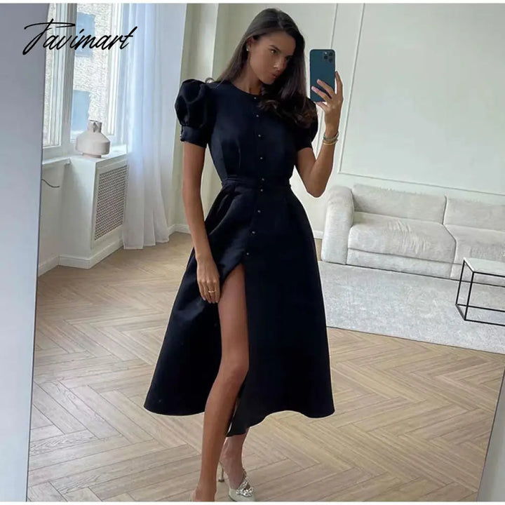 Tavimart Lantern Short Sleeve Women Dress Elegant Slim Single Breasted Large Swing Long Female A -