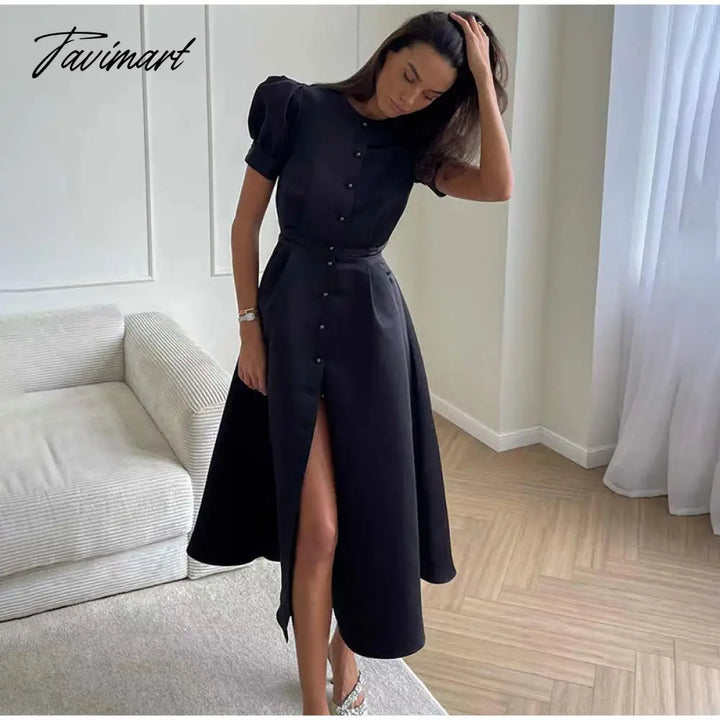 Tavimart Lantern Short Sleeve Women Dress Elegant Slim Single Breasted Large Swing Long Female A -