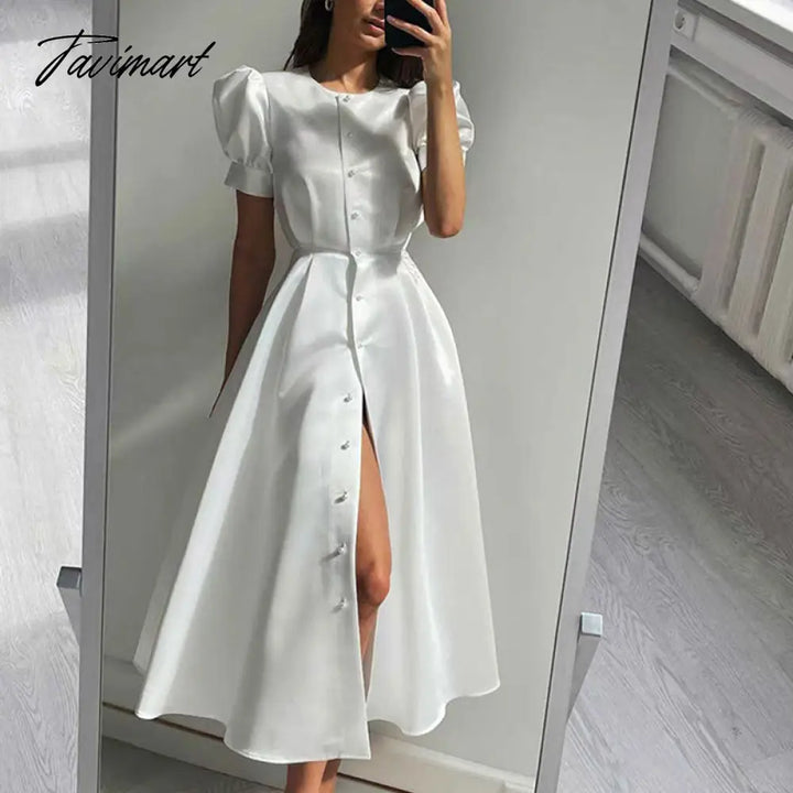 Tavimart Lantern Short Sleeve Women Dress Elegant Slim Single Breasted Large Swing Long Female A -