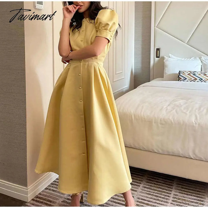 Tavimart Lantern Short Sleeve Women Dress Elegant Slim Single Breasted Large Swing Long Female A -