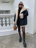 Tavimart Leather Faux Fur Patchwork Thick Women’s Moto Coat Lapel Zipper Long Sleeve Pocket Warm