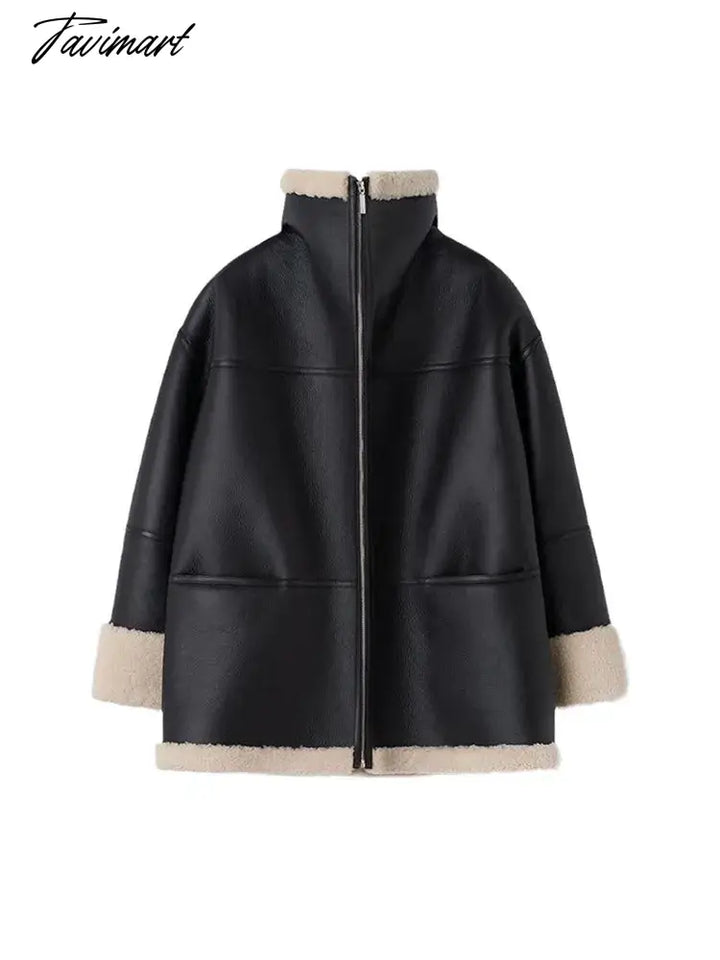 Tavimart Leather Faux Fur Patchwork Thick Women’s Moto Coat Lapel Zipper Long Sleeve Pocket Warm