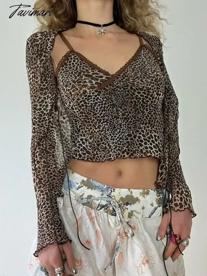 Tavimart - Leopard Crop Cardigans Grunge 2 Piece Set Women Bandage Harajuku Cardigan Sleeveless