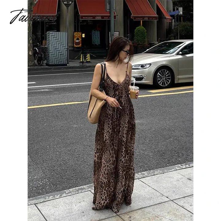 Tavimart - Leopard Print Open Back Sling Maxi Dress Women Sexy Off Shoulder Sleeveless Slim