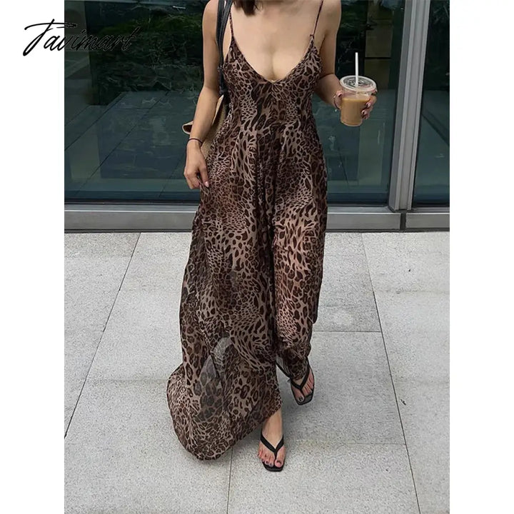 Tavimart - Leopard Print Open Back Sling Maxi Dress Women Sexy Off Shoulder Sleeveless Slim