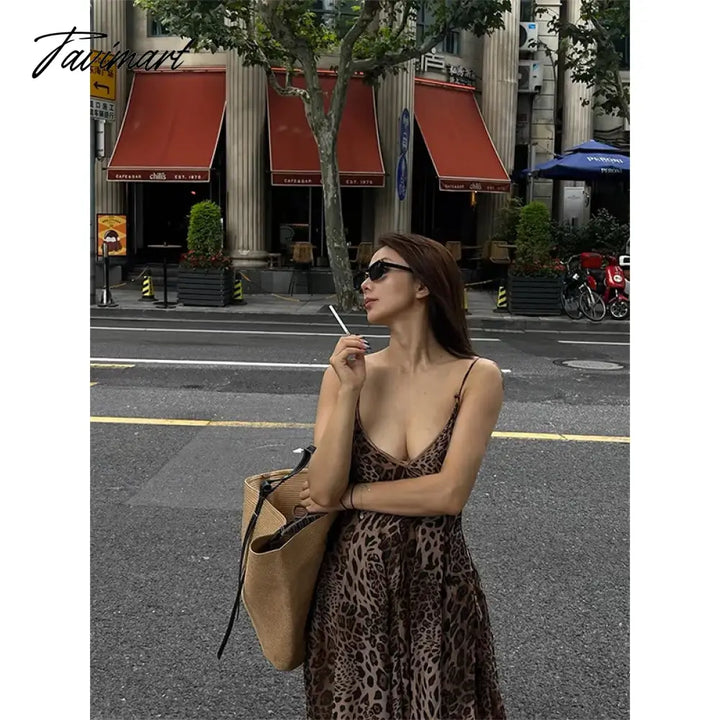 Tavimart - Leopard Print Open Back Sling Maxi Dress Women Sexy Off Shoulder Sleeveless Slim