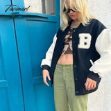 Tavimart Letter Embroidery Patchwork Varsity Jacket Women Autumn Winter Single Breasted Loose
