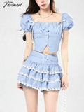 Tavimart Lolita Kawaii Two Piece Set Women Lace Vintage Sweet Cake Skirt Female Bubble Sleeve