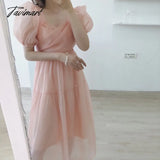 Tavimart Lolita Pink Dress One Piece Casual Puff Sleeve Slim Lace Chiffon Elegant Designer Women