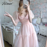Tavimart Lolita Pink Dress One Piece Casual Puff Sleeve Slim Lace Chiffon Elegant Designer Women