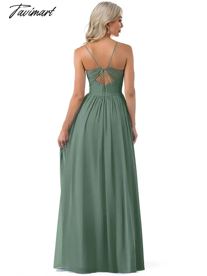 Tavimart Long Evening Dress Chiffon Bridesmaid Dresses Women A - Line V - Neck Spaghetti Strap