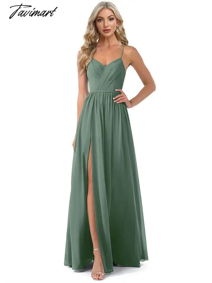 Tavimart Long Evening Dress Chiffon Bridesmaid Dresses Women A - Line V - Neck Spaghetti Strap