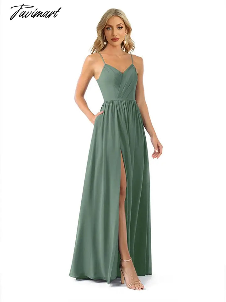 Tavimart Long Evening Dress Chiffon Bridesmaid Dresses Women A - Line V - Neck Spaghetti Strap