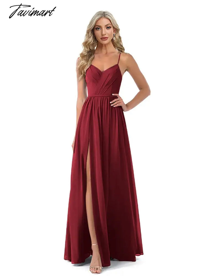 Tavimart Long Evening Dress Chiffon Bridesmaid Dresses Women A - Line V - Neck Spaghetti Strap