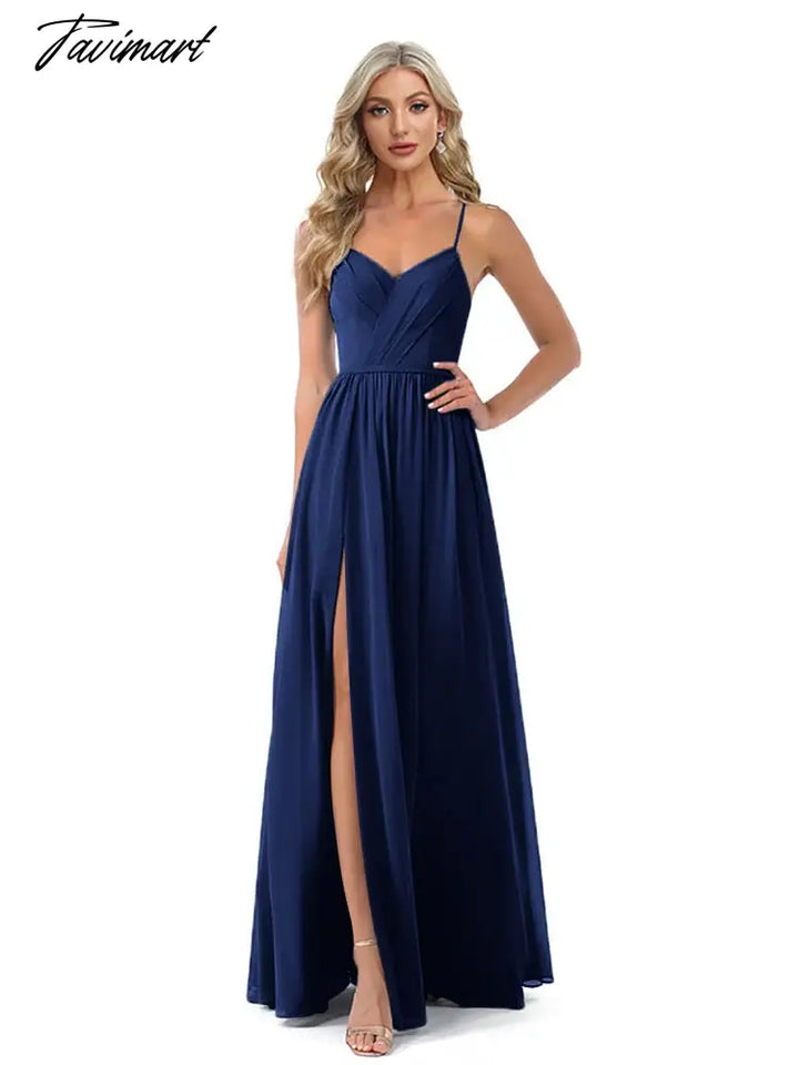 Tavimart Long Evening Dress Chiffon Bridesmaid Dresses Women A - Line V - Neck Spaghetti Strap