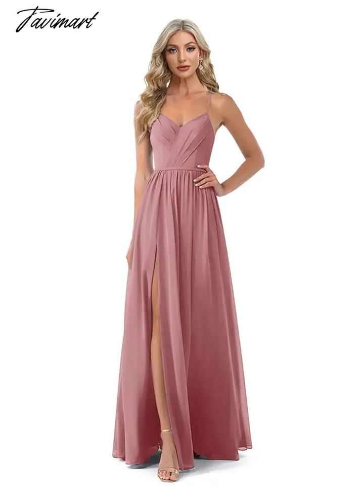 Tavimart Long Evening Dress Chiffon Bridesmaid Dresses Women A - Line V - Neck Spaghetti Strap