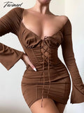 Tavimart Long Sleeve Corset Dress Sexy Lace Up Birthday Night Party Dresses Mini Hollow Out Vestidos Flare Sleeve Bodycon Dresses Women