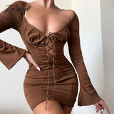 Tavimart Long Sleeve Corset Dress Sexy Lace Up Birthday Night Party Dresses Mini Hollow Out