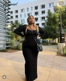 Tavimart Long Sleeve Sexy Sheath Maxi Dress Women Ins Fashion Blogger Retro Square Collar Knitted