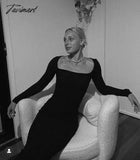 Tavimart Long Sleeve Sexy Sheath Maxi Dress Women Ins Fashion Blogger Retro Square Collar Knitted