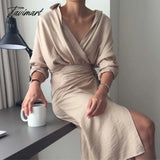 Tavimart Long Sleeve V - Neck Maxi Shirt Cotton Linen Dress Female Vintage Sashes Casual Lady Sexy