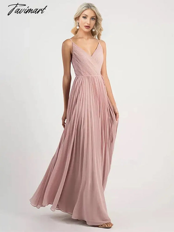 Tavimart Lucyinlove Elegant Chiffon V - Neck Pleated Evening Dress Formal Party Prom Gown Dresses