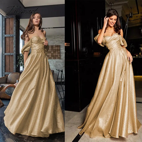 Tavimart Luxury Elegant A - Line Gold Glitter Prom Dress Formal Evening Gown Dubai Shiny Special