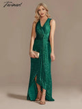 Tavimart Luxury Floor Length V - Neck Evening Dress Elegant Slit Party Women Wedding Sequins For