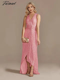 Tavimart Luxury Floor Length V - Neck Evening Dress Elegant Slit Party Women Wedding Sequins For