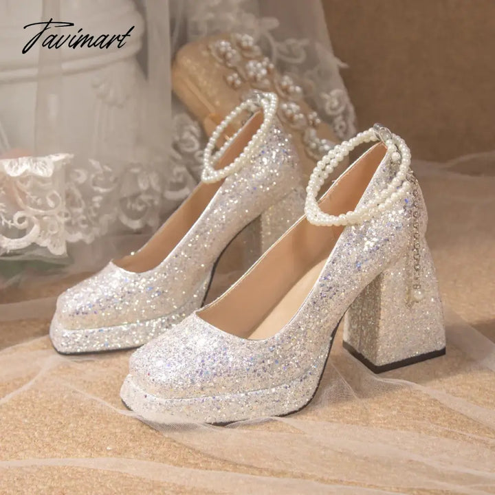 Tavimart - Luxury Gold Glitter High Heels Pumps For Women Spring Pearl Ankle Strap Wedding Shoes