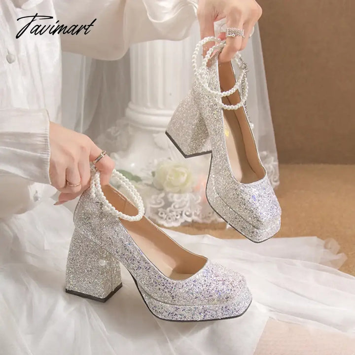 Tavimart - Luxury Gold Glitter High Heels Pumps For Women Spring Pearl Ankle Strap Wedding Shoes