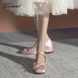Tavimart Mary Jane Pumps Women Silk Pink Bow Knot Design Lolita Square Toe Fashion Sweet 4Cm Heel