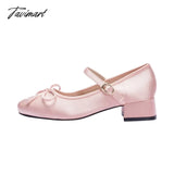 Tavimart Mary Jane Pumps Women Silk Pink Bow Knot Design Lolita Square Toe Fashion Sweet 4Cm Heel