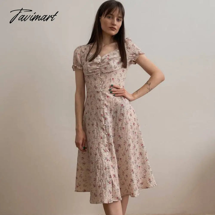 Tavimart Maxi Floral Dresses For Women Beach Style Vintage Square Collar Summer Womens Fashion Chic