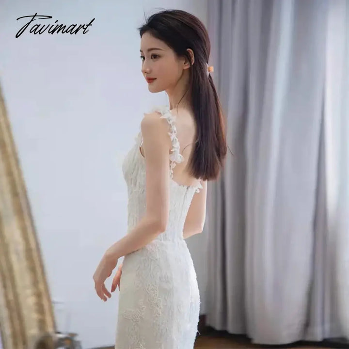 Tavimart - Mermaid Lace Bride Evening Dresses Beach Party Applique Spaghetti Strap Long Embroidery