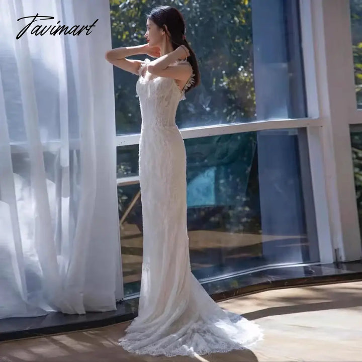 Tavimart - Mermaid Lace Bride Evening Dresses Beach Party Applique Spaghetti Strap Long Embroidery